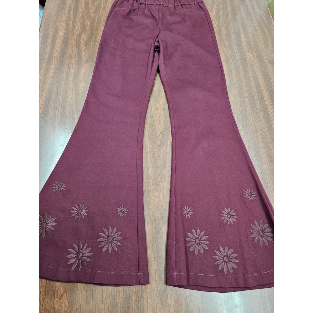 Umgee USA Womens S Burgundy Flare Bell Bottom Pants Floral Embroidered Boho